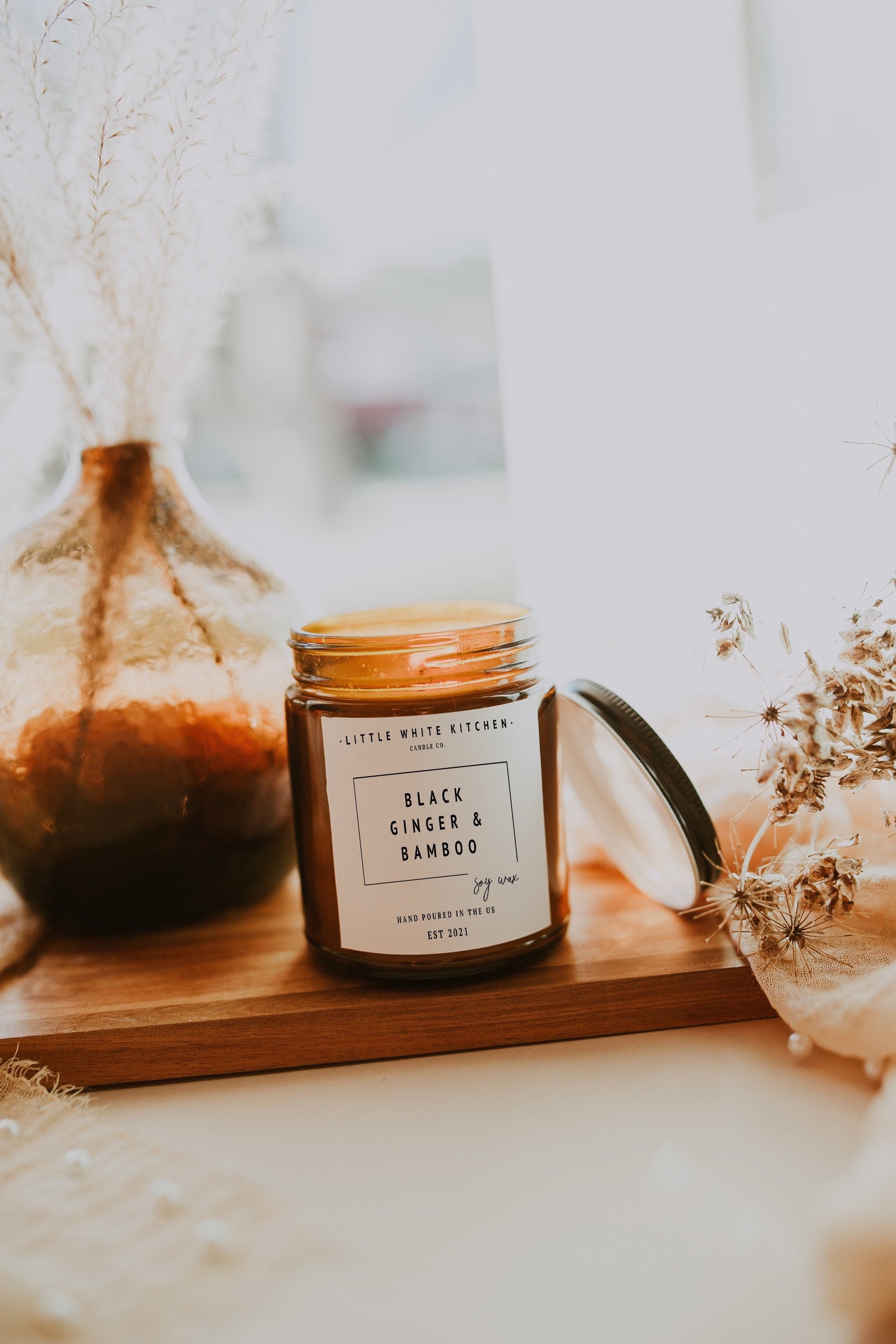 Black Ginger Bamboo Soy Candle | Wooden Wick, Amber Glass Jar