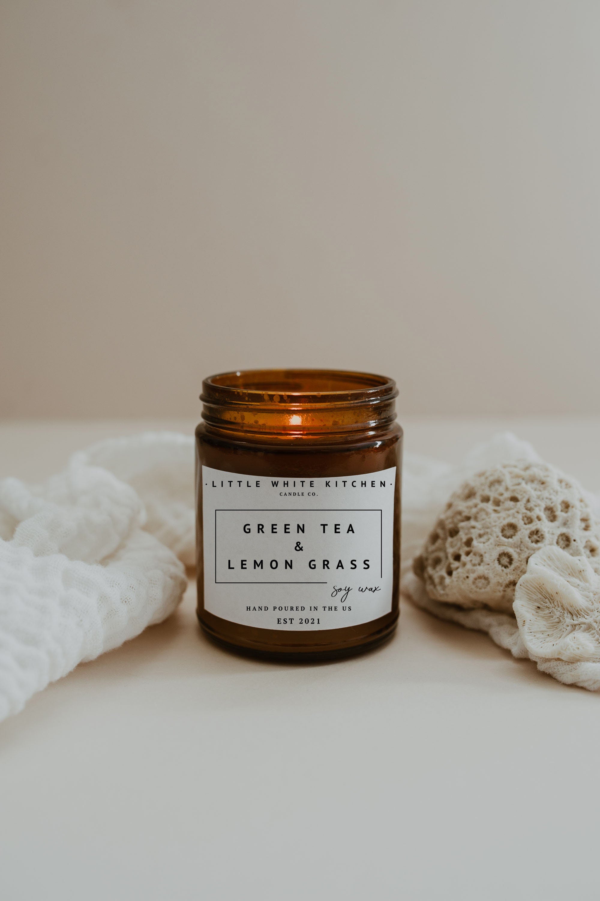 Green Tea Lemongrass Soy Wax Candle, Wood Wick, Highly Fragrant