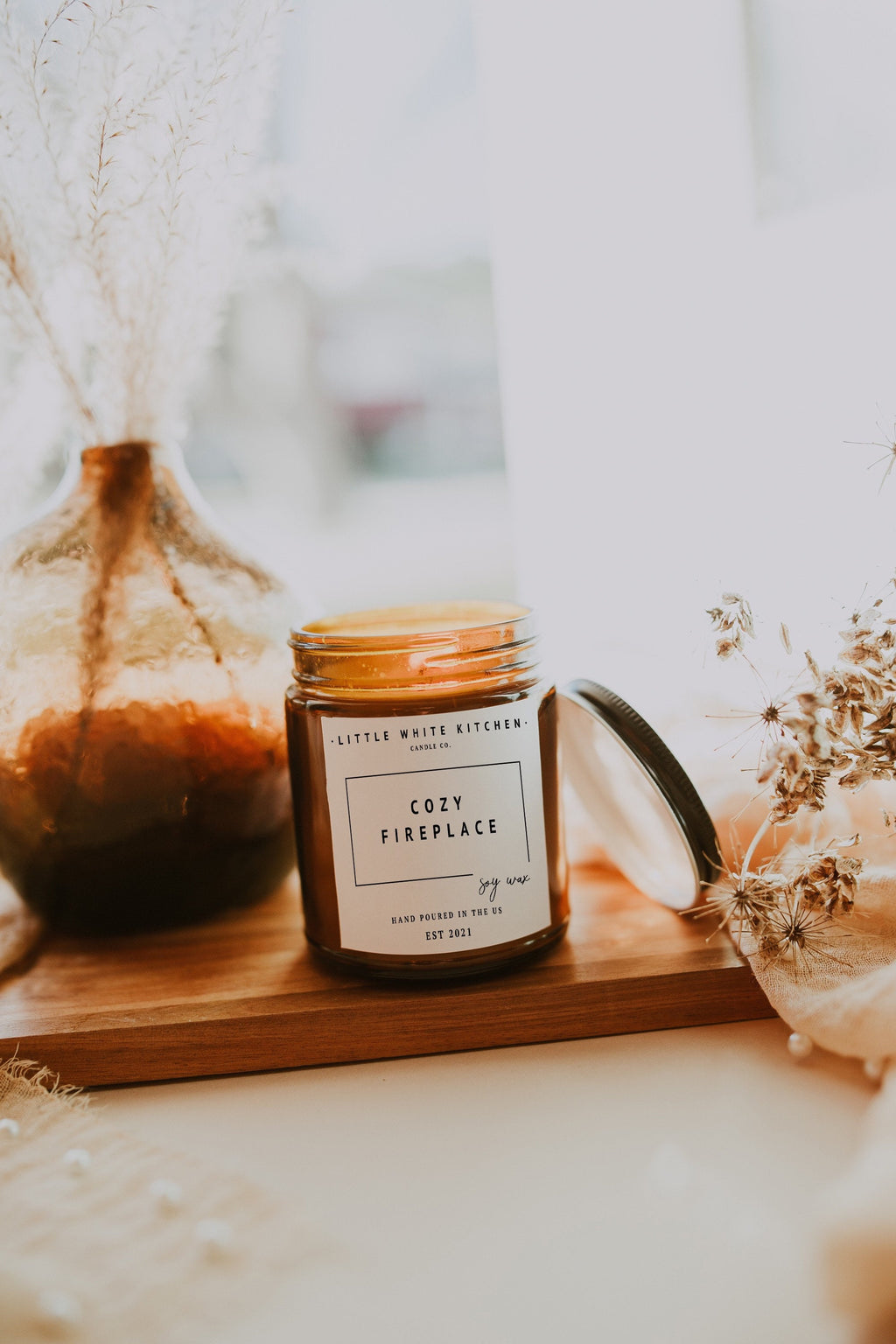 Cozy Fireplace Scented Soy Candle | Wood Wick, Amber Jar